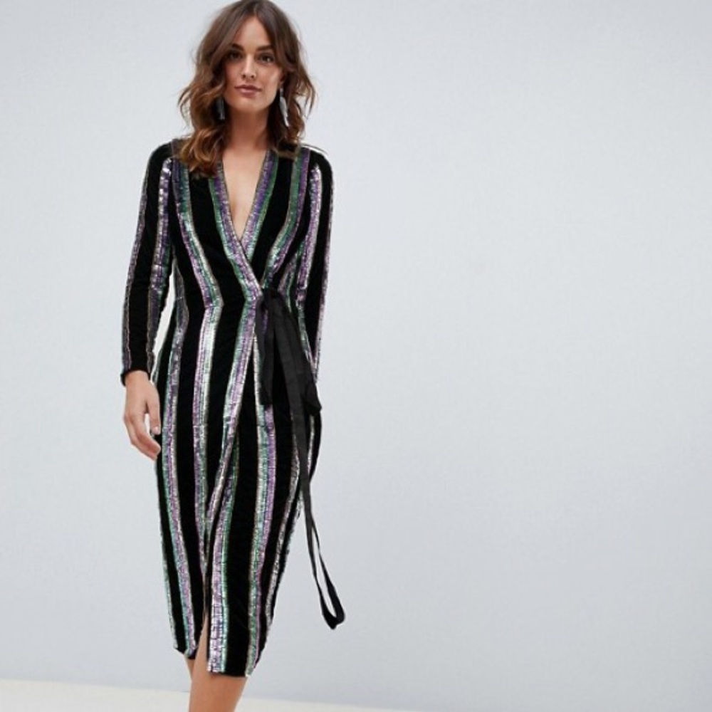 ASOS wrap midi dress in velvet stripe sequin